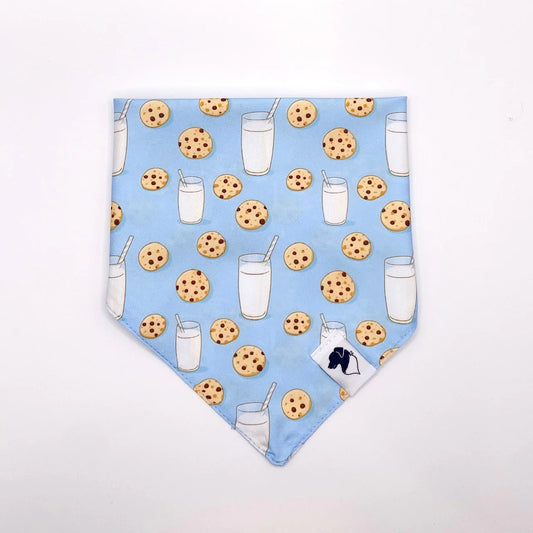 Milk and cookies pattern bandana for dogs from buckin good antler chews an Iowa small business 