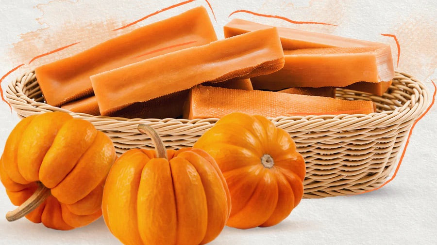 Pumpkin flavored yak cheese chews for dogs from buckin good antler chews an Iowa small business