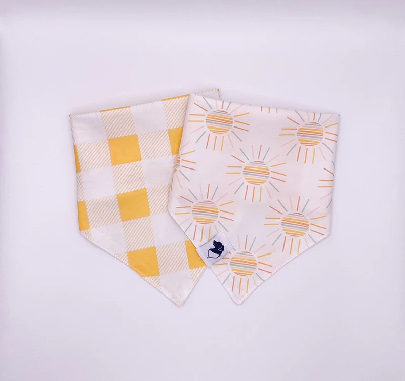 Sunshine and plaid pattern bandana for dogs from buckin good antler chews an Iowa small business 