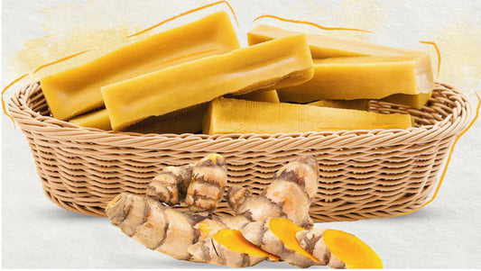 Turmeric Flavored Yak Cheese Chews for dogs from buckin good antler chews an Iowa small business